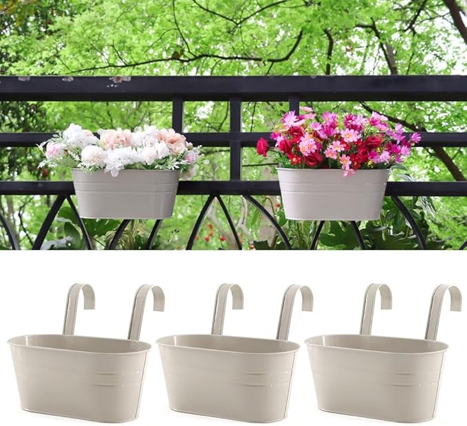 3 Pack Metal Railing Planters, 10.5" Oval Hanging Flower Pots with Detachable Hooks & Drainage Holes, Fits Rails up to 2.36", Galvanized Iron Fence Bucket for Balcony Garden Patio - Gray