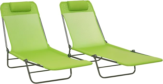 Outsunny 2 Piece Folding Chaise Lounge Chairs, Pool Sun Tanning Chairs with Reclining Back, Breathable Mesh Seat, Headrest for Beach, Yard, Patio, Green