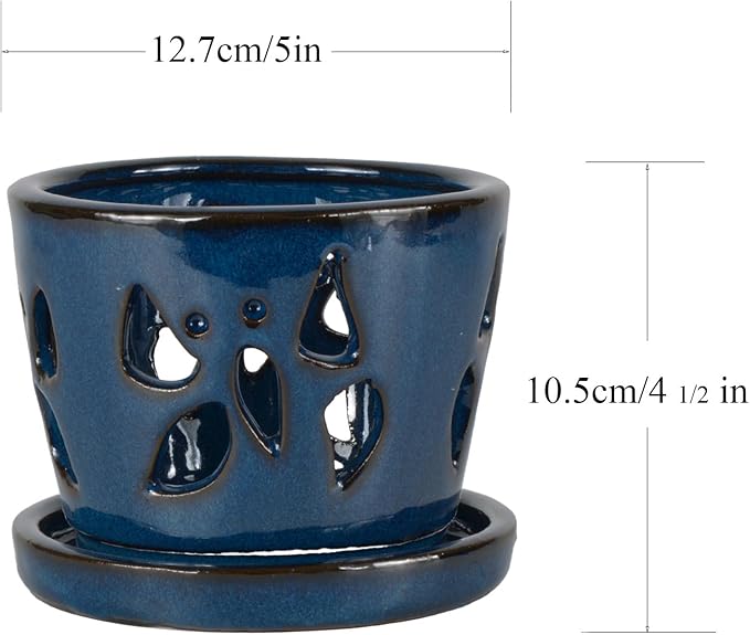 W&W Orchid Pot with Holes and Saucer for Repotting, Blue, 5 Inch