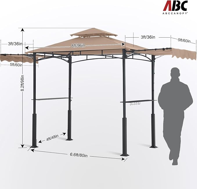 ABCCANOPY Grill Gazebo with 2 Side Awnings - 14x5 Outdoor BBQ Canopy Shelter with 2 Led Lights for Patio Backyard Grilling (Khaki)