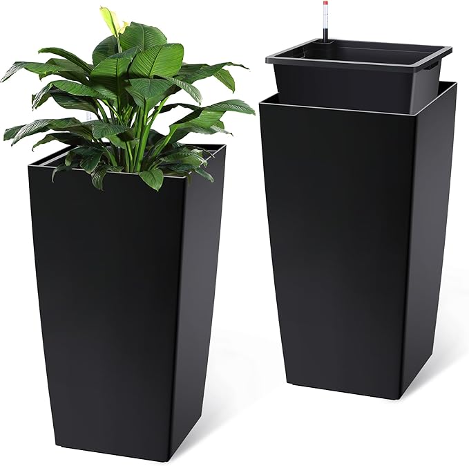 Garvee 30" Tall Planters Set of 2, Outdoor＆Indoor Black Planter Pots, High Front Porch Planter Pots with Drainage Holes＆Water Level Monitor＆Inner Bucket,Black