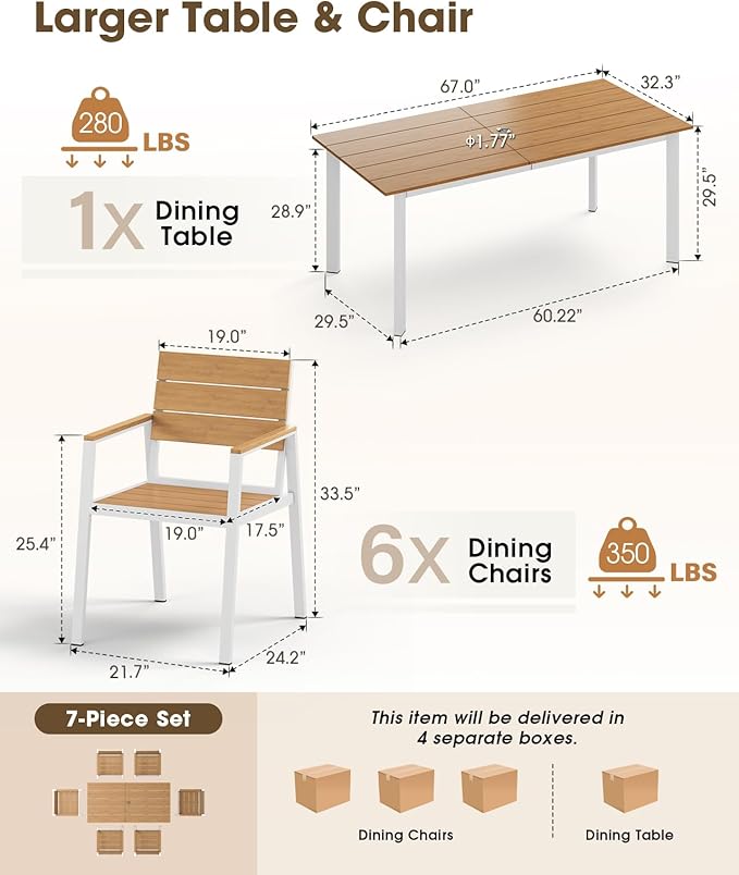 Outdoor Patio Dining Set for 6, Aluminum 7 Piece HDPS Patio Table and Chairs Set with Umbrella Hole, Modern Patio Furniture Set, Patio Dining Table & 6 Chairs (White & Teak)