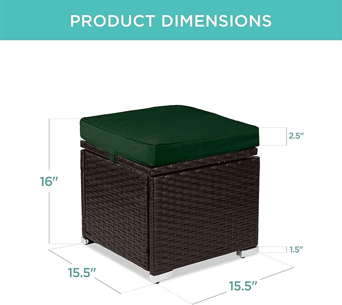 Best Choice Products Set of 2 Wicker Ottomans, Multipurpose Outdoor Furniture for Patio, Backyard, Additional Seating, Footrest, Side Table w/Storage, Removable Cushions - Midnight Green/Brown