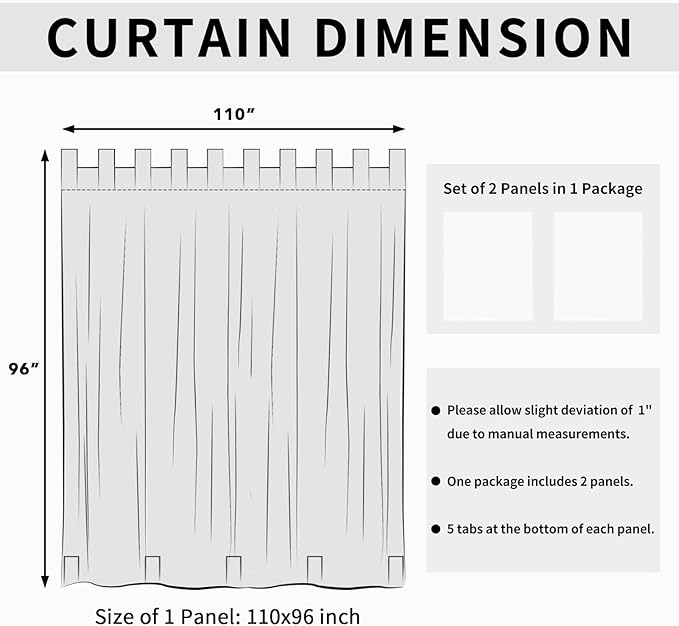 Easy-Going Outdoor Patio Curtains Detachable Tab Top Windproof Weatherproof Curtain for Cabana, Porch, Pergola and Gazebo, Tab Bottom Drape, 2 Panels, 110W x 96L inch, White
