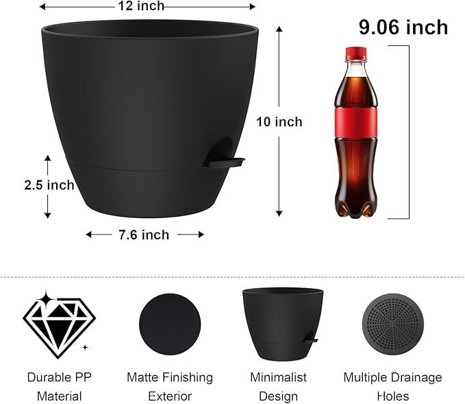 12 Inch Large Self Watering Pots, Flower Pots with Multi-Mesh Drainage Holes and Saucer, Planters for Indoor and Outdoor Garden Plants (Black)