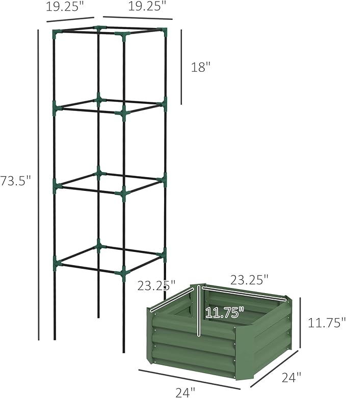 Outsunny Galvanized Raised Garden Bed, 73.5" Tall Outdoor Planter Box with Trellis Tomato Cage and Open Bottom for Climbing Vines, Vegetables, Flowers in Backyard, Garden, Patio, Green
