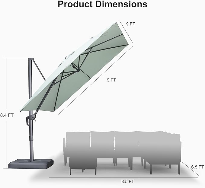 PURPLE LEAF Patio Umbrella 9' X 9' Rectangle Cantilever Umbrella Large Aluminum Outdoor Umbrellas with 360-degree Rotation & UPF40+ Premium Fabric for Deck Pool Garden Yard, Mint Green
