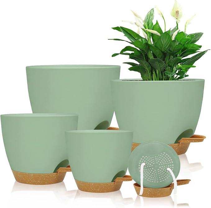 Self Watering Planters with Drainage Holes Reservoir,Nursery Planting Pot for Indoor Decor Garden Plants Succulents,Snake Plant, African Violet,Plastic Flower Pots Set 7+6.5+6+5.5+5 Inch (Green)