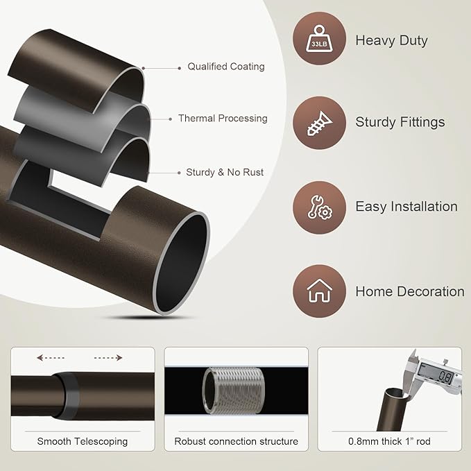Modern Antique Brown Bronze Curtain Rods for Windows 48 to 84 Inches Adjustable Heavy Duty 1" Diameter Window Rod with Decorative Finials for Outdoor Farmhouse Bedroom Kitchen Living Room