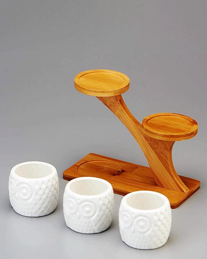 FLOWERPLUS Planter Pots Indoor, 3 Pack 3 Inch White Ceramic Decorative Small Owl Succulent Cactus Flower Plant Pot with Tree Tier Bamboo Stand for Garden Kitchen Home Office Desk Decorations