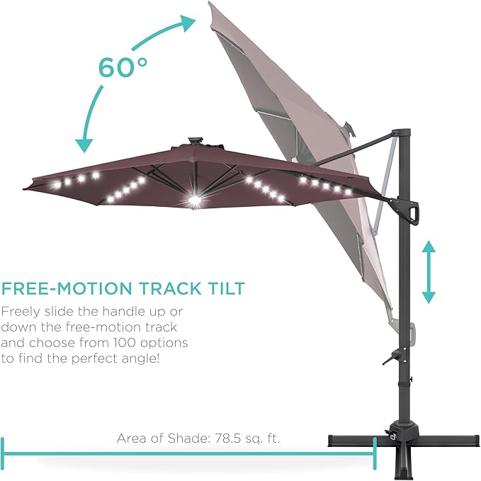 Best Choice Products 10ft Solar LED Cantilever Patio Umbrella, 360-Degree Rotation Hanging Offset Market Outdoor Sun Shade for Backyard, Deck, Poolside w/Lights, Easy Tilt, Cross Base