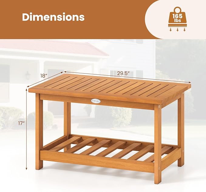 Tangkula Outdoor Acacia Wood Coffee Table, Patio 29.5” Rectangle Slatted 2 Tier Coffee Table with Storage Shelf, for Outside Balcony Patio Poolside