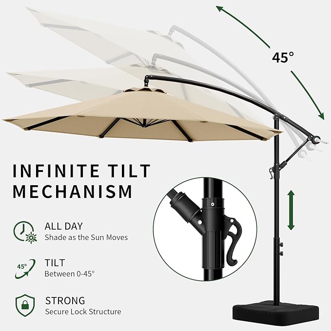 OLILAWN 10ft Patio Umbrella with Base Included, Outdoor Offset Cantilever Umbrella Upgraded Yarn-dyed Fabric Shade, Sturdy 8 Rids,360 Degree Rotation & Easy Tilt Adjustment, for Pool Deck Porch Backyard Garden,Beige