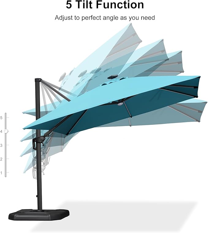 PURPLE LEAF 10 Feet Patio Umbrella with Base Outdoor Solar Powered LED Swivel Square Umbrella Offset Umbrella with 360-degree Rotation for Garden Deck Pool Patio, Turquoise Blue