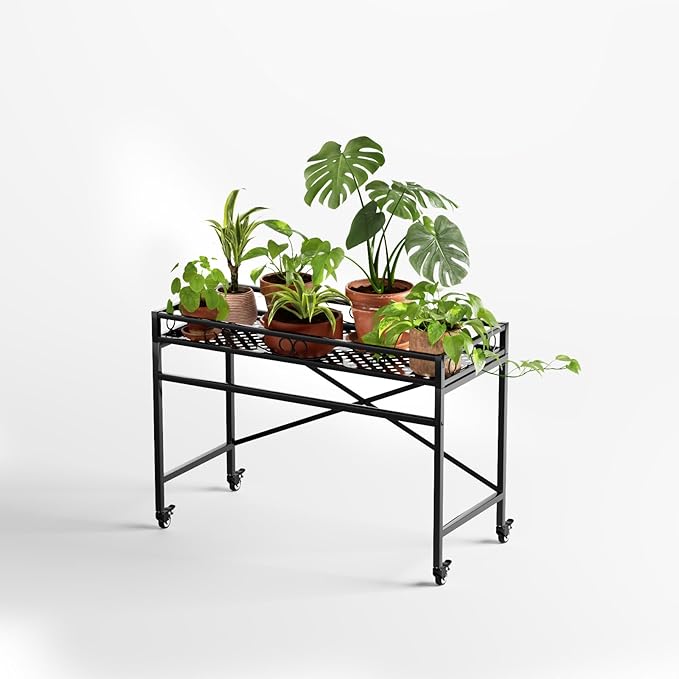 Zhongma Sturdy Metal Plant Stand with Wheels, 36.6 x 16 x 26.2 in High, Heavy Duty Succulent Shelf for Home Indoor and Outdoor, 220 LBS Capacity & Heavy Duty Construction