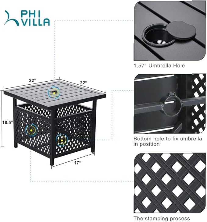 PHI VILLA Outdoor Patio Side Table Set of 2, 22" Small Black Metal Square End Table with Umbrella Hole, Outside Coffee Bistro Table for Porch, Deck, Balcony, Indoor