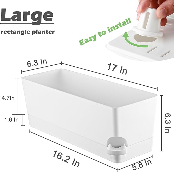2 Pack Self Watering Pots for Indoor Plants 17 Inches Window Boxes Planters Rectangular Flower Pots Rectangle Herb Pots Large Plant Pots with Drainage Holes and Saucers Windowsill Planter, White