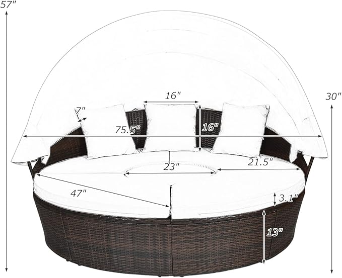 Tangkula Patio Round Daybed with Retractable Canopy, Outdoor Wicker Rattan Furniture Sets, Sectional Cushioned Sofa Set w/Height Adjustable Coffee Table, Rattan Conversation Sets (Turquoise)