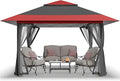 CROWN SHADES 11x11 Pop Up Gazebo, Patented One Push Outoor Canopy Tent with Wheeled STO-N-Go Cover Bag, Pop Up Canopy with Netting for Patio, Backyard (11x11, Red &Grey)
