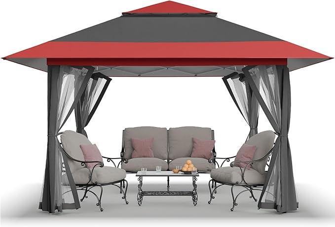CROWN SHADES 11x11 Pop Up Gazebo, Patented One Push Outoor Canopy Tent with Wheeled STO-N-Go Cover Bag, Pop Up Canopy with Netting for Patio, Backyard (11x11, Red &Grey)