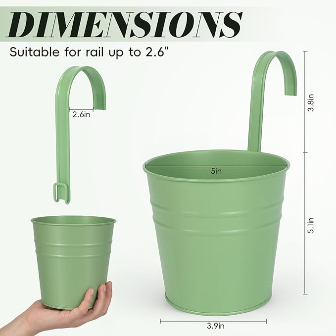 HowRU Hanging Flower Pots, Railing Planter Box for Outdoor Plants 12 Pack 5 Inch Metal Hanging Planters with Detachable Hooks Balcony Window Fence Garden Decoration Flower Boxes (Green)