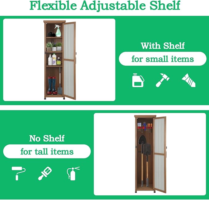 Outdoor Storage Cabinet Weatherproof, Tall Wood Garden Potting Bench Table with Removable Shelves, Metal Top, Outdoor Patio Cabinet Work Station for Tool Accessories,17.8''x17.8''x62''