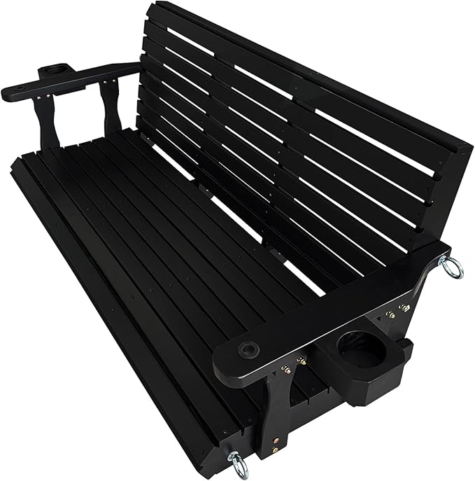 Wooden Porch Swing 3-Seater, High Backrest and Deep Seat, Bench Swing with Cupholders, Hanging Chains and 7mm Springs, Heavy Duty 880 LBS, for Outdoor Patio Garden (Carbon Black, 5 FT Extra Large)