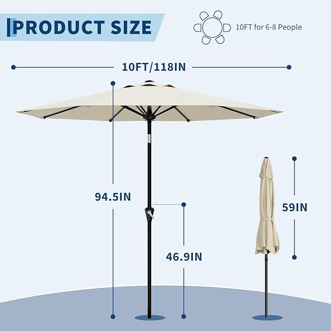 Garvee 10FT Patio Umbrella - Outdoor Table Umbrella with Smooth Crank Lift, Push Button Tilt and 8 Sturdy Ribs - Market Umbrella UV Protection Waterproof for Pool, Deck, Yard, Garden (Beige)