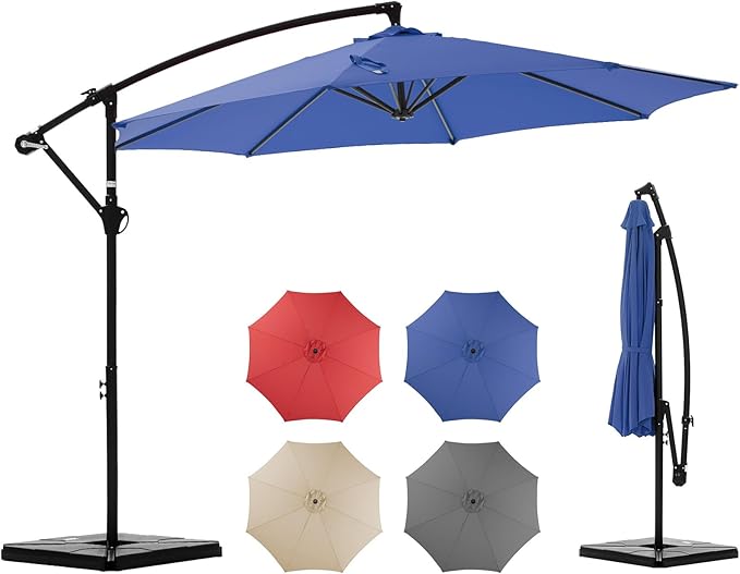 OLIXIS 9.7FT Offset Patio Umbrella with Base, Cantilever Table Umbrellas for Outdoor Sun Shade UV Protection with Easy Tilt Adjustment, 8 Ribs for Backyard, Lawn, Garden, Pool - Blue
