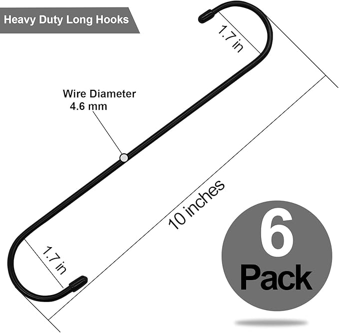 6 Pack 10 inch Extra Large S Hooks Black Heavy Duty Long S Hooks for Hanging Plant Extension Hooks for Kitchenware,Utensils,Pergola,Closet,Flower Basket,Garden,Patio,Indoor Outdoor Uses