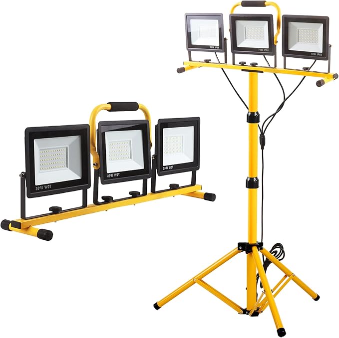 22000 Lumen Work Lights with Stand, 3 Head Portable LED Work Light, with Adjustable&Foldable Tripod Stand, IP66 Waterproof Lamp for Outdoor Indoor Job Site Workshop Garage Construction Site Lighting