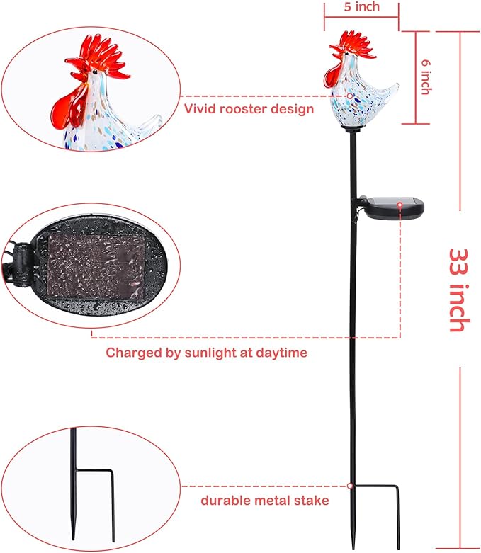 Afirst Decorative Solar Lights Outdoor Solar Rooster Stake Lights Hand Blown Glass Decorative Garden Pathway Lights Outdoor Waterproof Glass Stakes