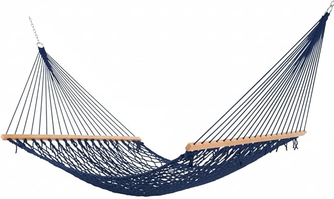 Castaway Living 13 ft. Double Traditional Hand Woven Navy Polyester Rope Hammock with Free Extension Chains, and Tree Hook, for 2 People with a Weight Capacity of 450 lbs.