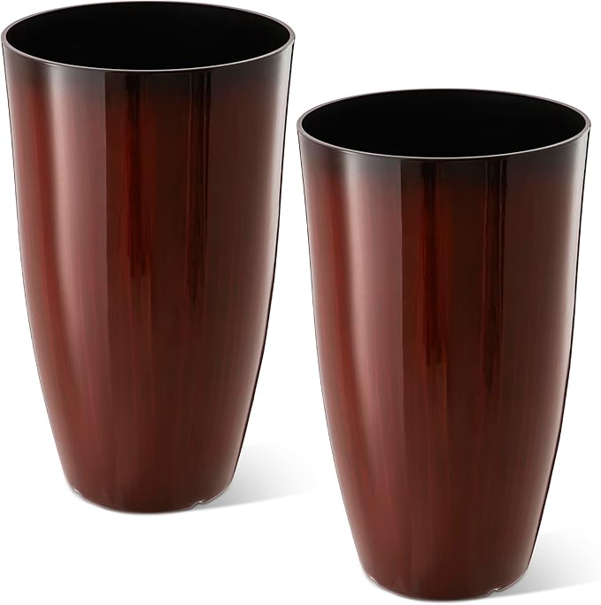 Glitzhome 23.5" H Oversized Tall Planter, Set of 2 Plastic Large Outdoor Planters with Drainage Holes, Gradient Red Faux Ceramic Finish, Large Flower Pots Round Plant Pots for Indoor Outdoor Patio