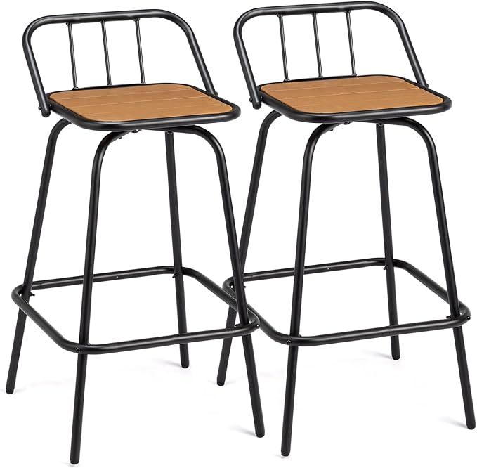 VINGLI 2 PCS Outdoor Swivel Bar Stools, 30 Inch Metal Barstools with Backrest & Footrest, 360° Rotating All-Weather Stools for Garden, Balcony, Kitchen Island (Teak)