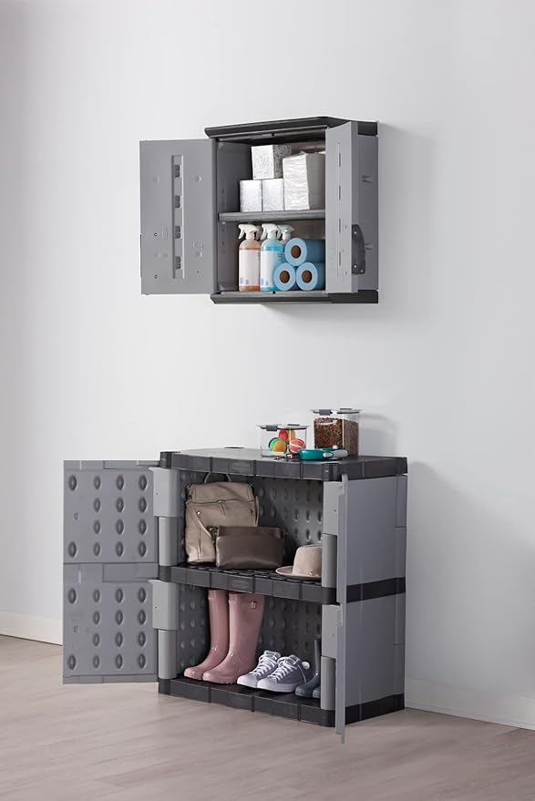 Rubbermaid Wall Mounted Storage Cabinet with Doors 150-Pound Capacity Gray Lockable Three-Shelf Cubbard for Tools/Car Accessories/Cleaning in Home/Garage/Outdoor Areas