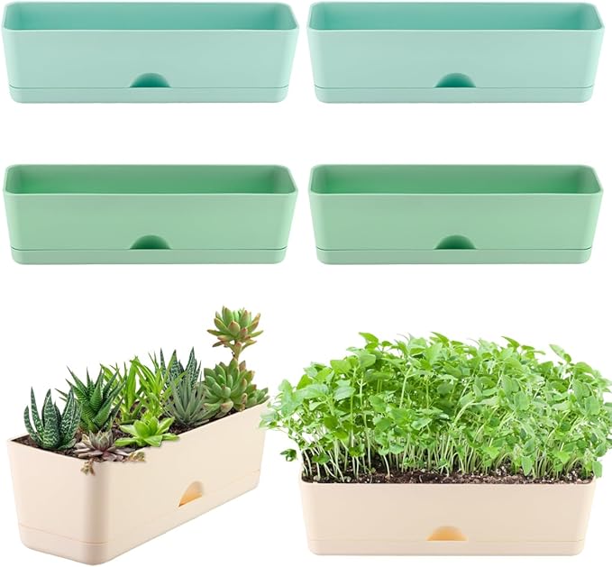 6 Pack Rectangle Planter 16 Inch Window Boxes Planters Rectangular Large Window Sill Planters Indoor Self Watering Plant Pots with Drainage Holes and Saucers Succulent Herb Flower Pots, Macaron Color