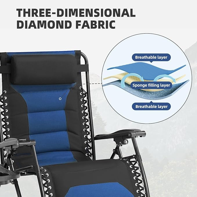 Zero Gravity Chair Set of 4 Oversized Folding Recliner, Padded Anti Gravity Lounge Chair with Adjustable Pillow & Cup Holder for Outdoor Camping, Patio, Poolside, Lawn (Black & Blue)