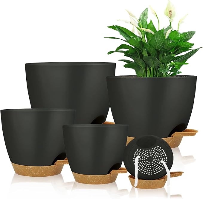Self Watering Planters with Drainage Holes Reservoir,Nursery Planting Pot for Indoor Decor Garden Plants Succulents,Snake Plant, African Violet,Plastic Flower Pots Set 7+6.5+6+5.5+5 Inch (Black)