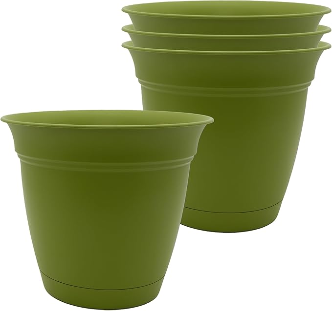 The HC Companies 8 Inch Eclipse Round Planter Pots with Drainage Holes & Attached Saucer, Lightweight UV-Resistant Plastic Indoor Outdoor Planters, 4-Pack Flower Pots for Garden & Home Decor, Peridot