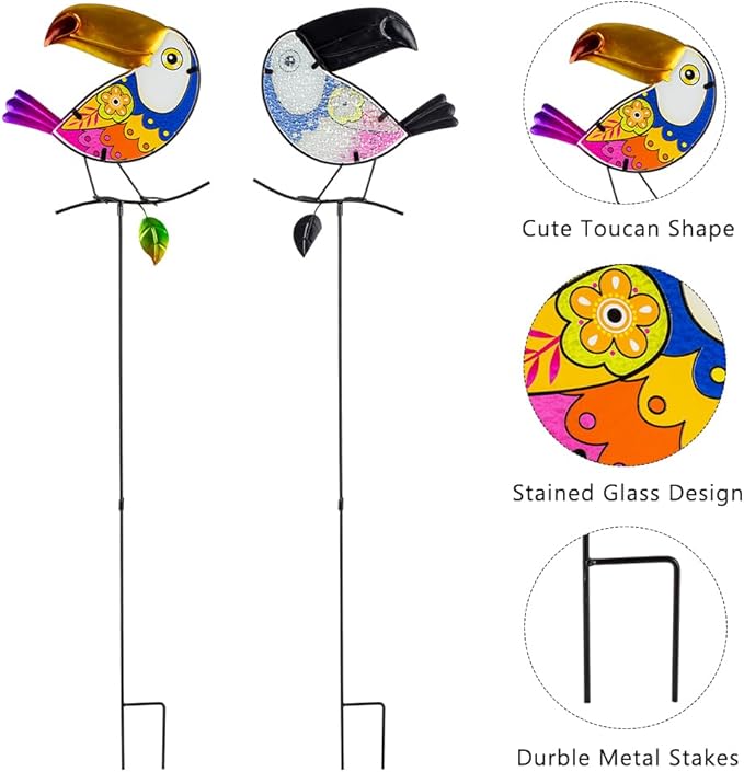 Decorative Garden Stakes,Set of 3 Toucan Stained Glass Metal Yard Art Outdoor,Waterproof Spring Garden Stakes Decorative for Lawn Patio Pathway