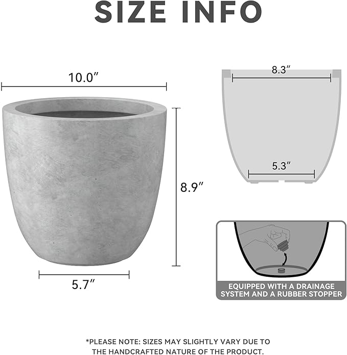 Kante 10 Inch Dia Round Concrete Planter, Indoor Outdoor Large Plant Pot with Drainage Hole and Rubber Plug for Home Patio Garden, Natural Concrete