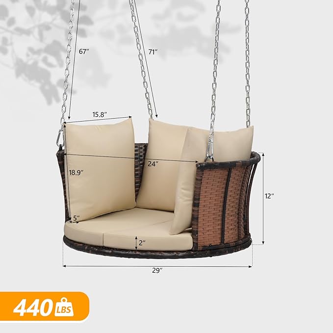 VINGLI 2.4 FT 1-Person Use Round Rattan Porch Swing Outdoor Support 440 LBS with Cushions & Adjustable Chains, Patio Wicker Swing Bench Chair for Garden, Yard, Lawn, Tree, Brown