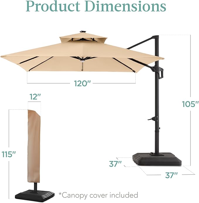 Best Choice Products 10x10ft Cantilever Patio Umbrella w/Base Included, Solar LED Lights 360 Rotation Large Offset Hanging Outdoor Shade for Deck Pool Backyard w/Stand – Sand