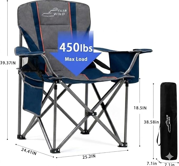 FAIR WIND Heavy Duty Camping Chair, Oversized Padded Folding Chair for Big and Tall (450lbs), Extra Wide Seat with Integrated Cooler & Storage Pocket, Adjustable Lumbar Support for Outdoor