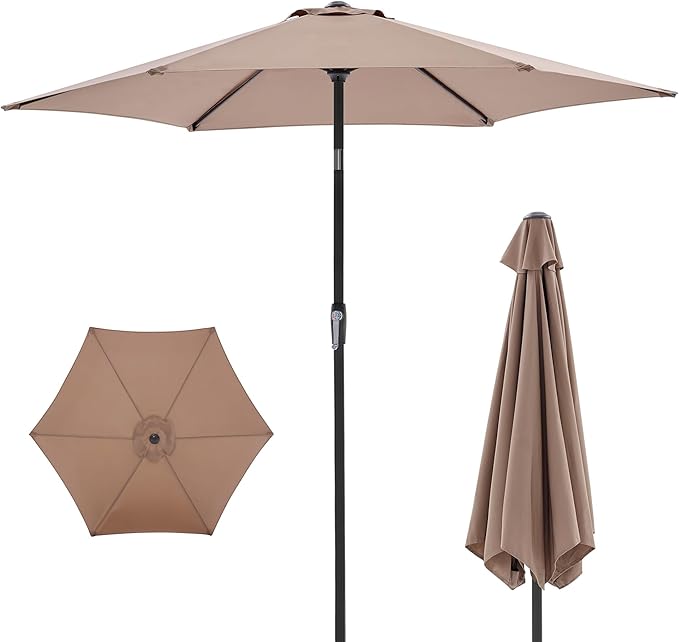 OLIXIS 7.5ft Patio Umbrella with Tilt and Crank Button & 8 Sturdy Ribs Waterproof, Patio Table Umbrella Perfect for Poolside, Terrace, Beach and Outdoor Restaurant, Khaki
