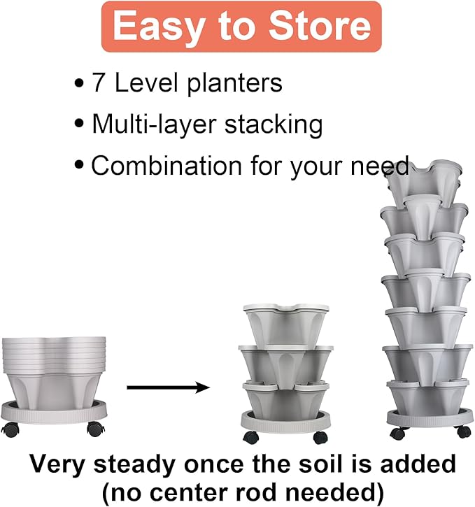 GameXcel Vertical Planter 7 Tier Stackable Planters Garden Planters Strawberry Herb Flower and Vegetable Planter Indoor Outdoor Gardening Pots with Removable Wheels and Tools - Gray