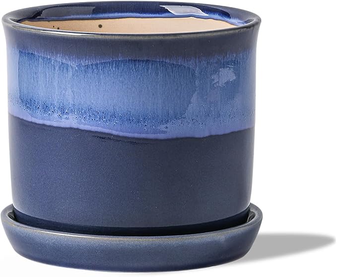 5.8 Inch Plant Pot: Ceramic Planter with Drainage Hole & Saucer for Indoor Outdoor Plants - Flowerpot with Bonded Tray for Home Office - Blue Reactive Glaze