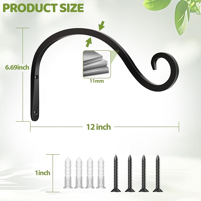 BOLITE Plant Hangers Outdoor Indoor, 12 Inch Wall Plant Hooks, Metal Bird Feeder Hanger for Hummingbird Feeders, Planters, Lanterns, Wind Chimes, Home Decor, 2 Pack, Black, Gifts for Women Men