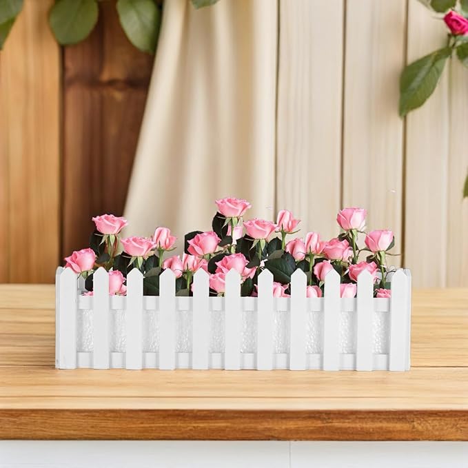 YARDWE Picket Fence Panels Wooden Picket Fence Flower Pot Window Box Planter Garden Planter with Fence Design for Artificial Flower Plants Picket Fence